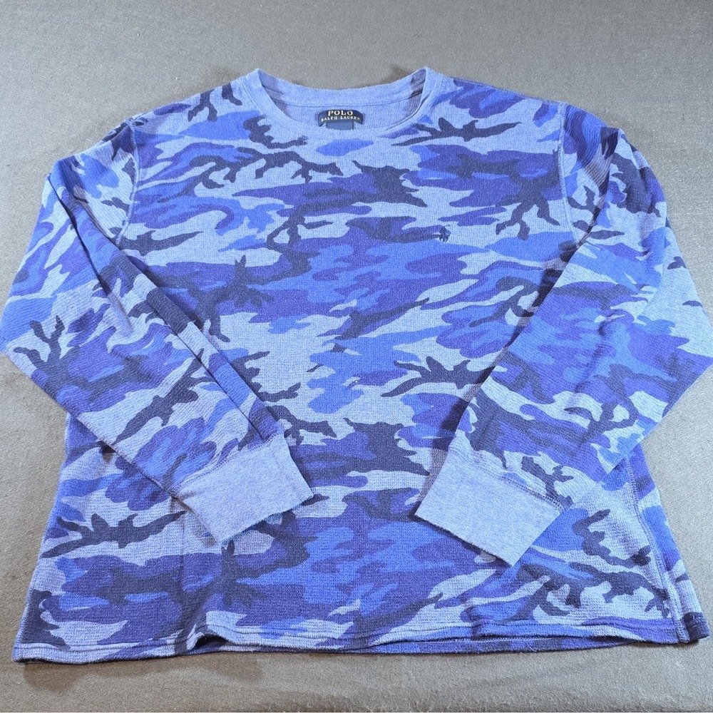 Polo Ralph Lauren Men's Blue Camouflage Waffle-Knit Cotton Pullover Sweater XL